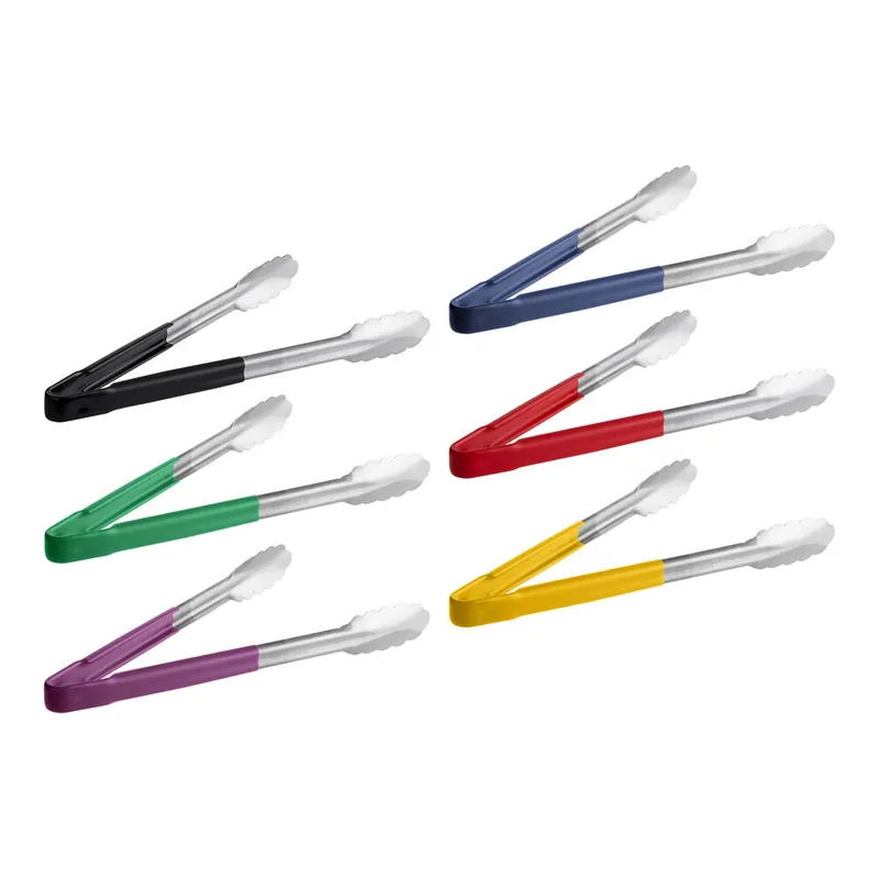 Free Shipping Fourté 12" HACCP Color Coated Handles Stainless Steel Scalloped Tongs - 6/Set
