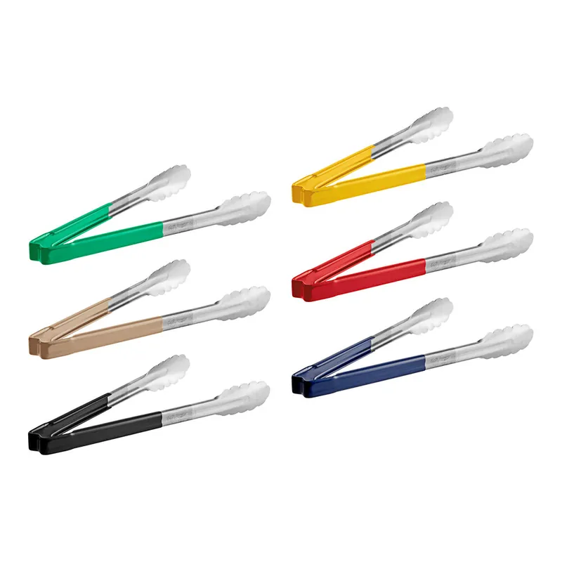 Handmade Vollrath Jacob's Pride® 12" Stainless Steel Scalloped Tongs HACCP Kit with Assorted Colors Coated Kool-Touch® Handles