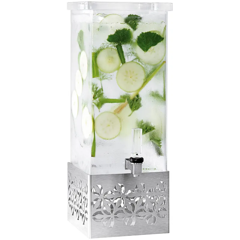 Genuine Rosseto Iris 3 Gallon Clear Acrylic Rectangle Beverage Dispenser with Stamped Stainless Steel Base LD198